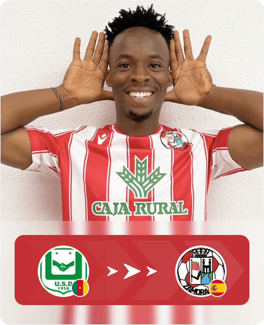 Footballer celebrating in a red and white striped jersey, showing a transfer from a Nigerian club (green crest) to a Spanish club (red and white crest).