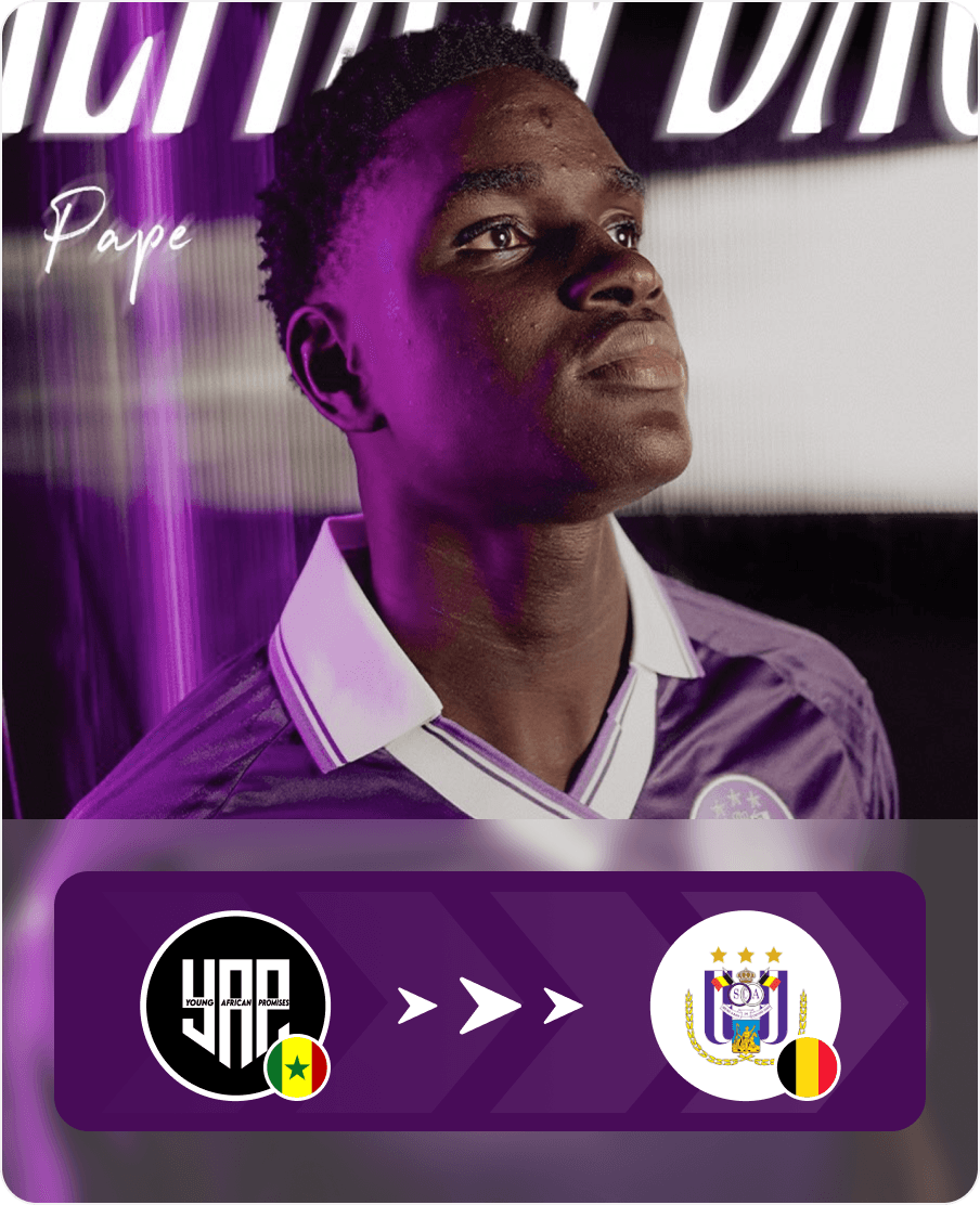 Footballer in a purple shirt, looking upward, representing a transfer from YAP to a Belgian club (purple and white crest).