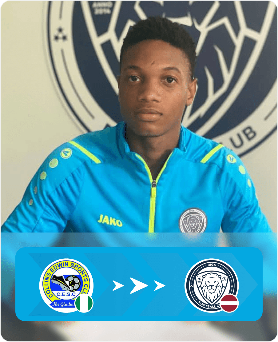 Footballer in a blue and yellow jersey against a striped background, representing a transfer from a Nigerian club (blue 'SuperStars' crest) to a Turkish club (gold and black castle crest).